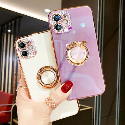 China Luxury Anti-fall Diamond Inlaid Ring Plated Camera Phone Case For iphone X xr xs 11 12 pro max for sale