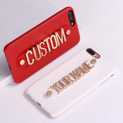 China Anti-fall For Iphone Luxury Bold Custom Real Name Texts Phone Case Coque Funda Gold Leather Metal For iPhone 13 for sale