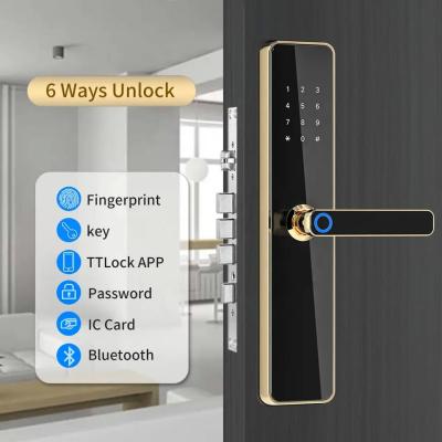 China Apartment Anti Peep Digital Door Lock Tuya App Code Fingerprint Keyless Handle zu verkaufen