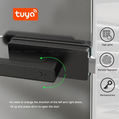 China Punch Free Smart Tuya Glass Door Lock Black Aluminium Alloy Semi Auto For Office zu verkaufen