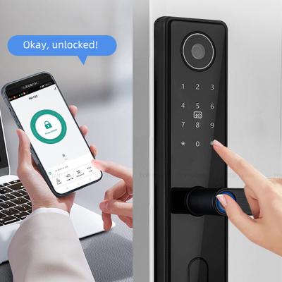 China Black Peephole Camera Smart Fingerprint Door Lock Tuya Biometric Code Card Access zu verkaufen