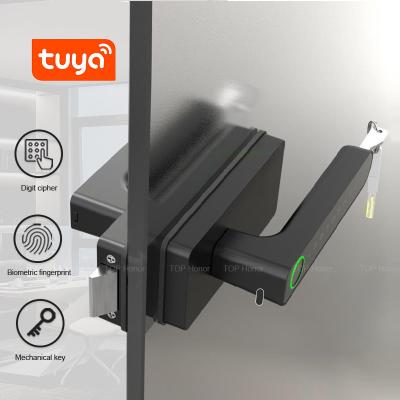 China Smart Biometric Fingerprint Glass Door Lock Semi Auto Tuya App Wireless Control zu verkaufen