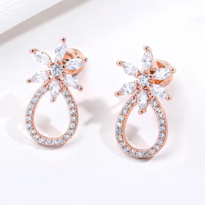 China Rose Gold Plated Flower Hoop CLASSIC Crystal Pave Earrings Cubic Zirconia Sterling Silver Earring Posts for sale