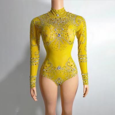 China GZROSE New Product 2023 New Product Yellow Diamonds Women Shining Jumpsuit And Rompers With Crystals Stage Dance Wear With Big Stretchy for sale