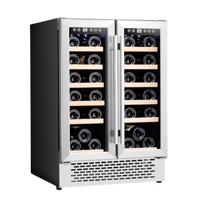 China LED Light Wine and Beverage Fridge Side-by-Side Door Cellar Double-Zone Blue Interior Glass Wine Coolers with Lock Wood Shelves Small Wine Cooler for sale