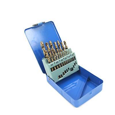 China For Stainless Steel and Hard Metal Drilling 19 Pcs DIN338 Standard HSS M35 Fully Ground Amber Finish Straight Shank Twist Drill Bits Set For Metal Drilling In Metal Box for sale