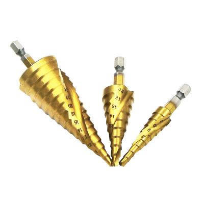 China Hex Drilling 6-25mm Shank Titanium Plated 4241 HSS Reamer Spiral Flute Pagoda Step Drill Bit for sale