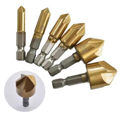 China 6 Pcs HSS Countersink Chamfer 5 Drilling Flute 90 Degree For Wood Quick Change for sale