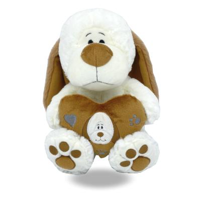 China Cute Fun Customized 10.5 Inch White & Brown Plush Stuffed Toy Dog With Heart For Valentine for sale