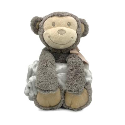 China Cute Fun Customized Design Cute Gray Color Soft Plush Blanket With Plush Stuffed Monkey Toy Set For Baby for sale