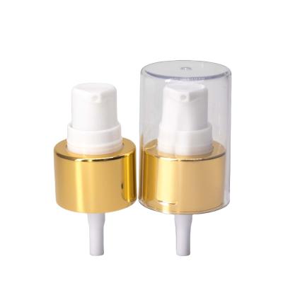 China Non Spill 18mm 20mm 24mm Gold Middle Cover Aluminum Plastic Mist Spray Pumps Or Treatment Cream Pump With Full Cap for sale