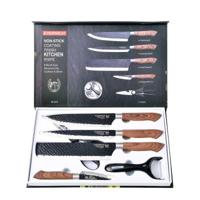 China KONOLL 6pcs viable kitchen knives set with wave and scissor/peeler kitchen knife accessories black color non-stick knife box packing for sale