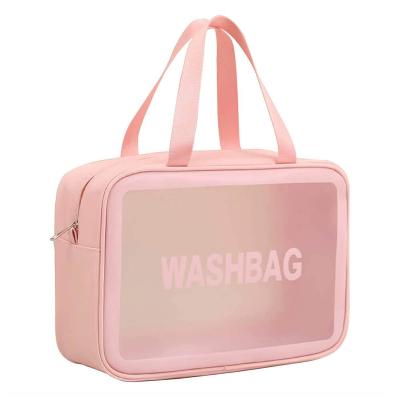 China Custom Logo Clear Pink Pvc Leather Waterproof Cosmetic Toiletry Make Up Bag Travel Zipper Tote Wash Makeup Organizer Transparent Pouch Gold for sale