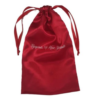 China Wholesale Red Promotion Discount Satin Wig Bag In Stock 18cm x 30cm Drawstring Hair Pouch Silk Bag for sale