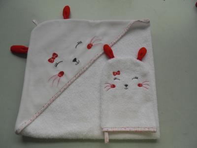 China warp knitting fabric white rabbit baby towels with hood and wash mitt for sale