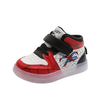 China Usb children's soft-soled high quality leather sneakers, children's flash LED shoes, cute cartoon silk boys and girls non-slip shoes for sale