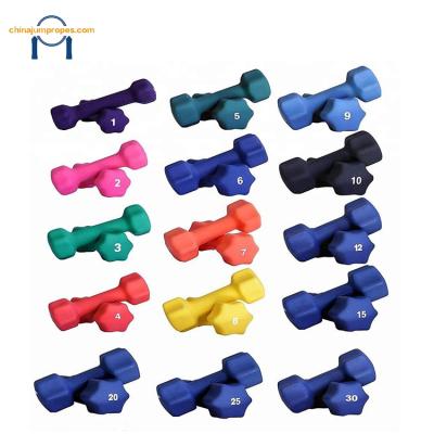 China Hot Newest Selling Weightlifting 30LB PVC Plastic Neoprene Rubber Coated Gym Equipment 10 15 20 Hex Dumbbells Rubber Coated Dumbbells for sale