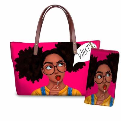 China High Quality Art Afro Girls African American Printed Lady Pink Bags Custom Fashion Women Handbag Ladies Shoulder Totes Handbag for sale