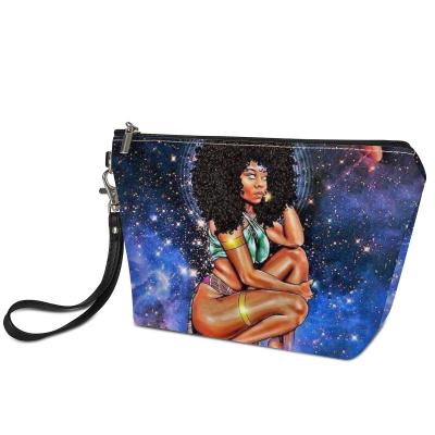 China Durable Cosmetic Zipper Art Girl Printed Travel Makeup Afro Toiletry Bags Ladies Waterproof Leather Beauty Bag for sale