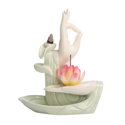 China Chinese Lotus Custom Package New Incense Burners Buddha Hand Green Incense Backflow Censer Waterfall Holder for sale