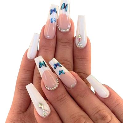 China Easy Apply Bling Reusable Impress Long Coffin Nails Women Design Luxury Handmade Press On Nails With Artificial Rhinestones Nails for sale