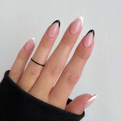 China Easy Apply Fake French Tips Stilettos Press On Nails Cute Women's Black Fake Nails Short Daily Wear Artificial Nails For Women And Gi for sale