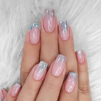 China Easy Apply Pink Gradient 3d Glitter Professional Square False Nails DIY Free Waterproof Reusable Press On Nails for sale