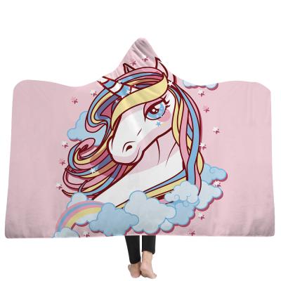 China Amazon Unicorn Flannel Fleece Sherpa Hood Wearable Custom Printed Blanket for sale