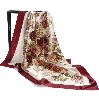 China New arrival cheap price flora silk printed silky satin scarves 90*90cm hijab for women big square shawl wrap women scarf for sale