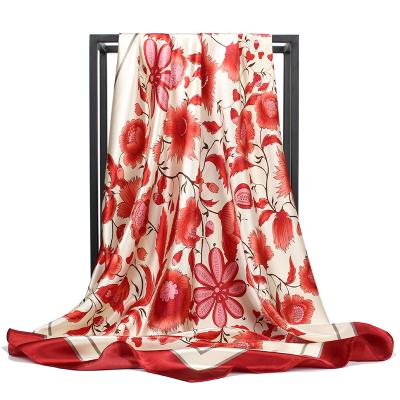 China Silk Ready To Ship 90*90cm Flower Shawl Wrap Large Square Scarf Elegant Lightweight Women Print For Ladies for sale