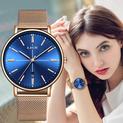 China Top Brand LIGE Automatic Date Women's Quartz Watches With Rose Gold Mesh Stainless Steel Band Charm Dress Ladies Wristwatch Luxury Watch 9922 for sale