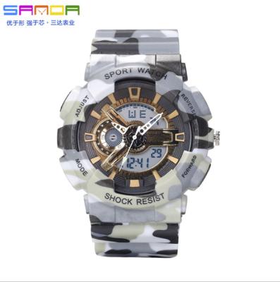 China Day/date Sanda Three-pin Camouflage color dual-display cold waterproof outdoor military anti-vibration sports watch LED for sale