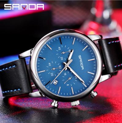 China Luxury waterproof Three-eye Six-pin day/date SANDA men's business men's casual watch 1034 quartz leather watch for sale