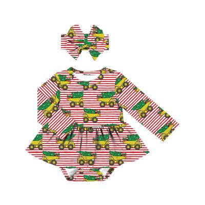 China Cozy Yiyuan Baby Clothing Store Christmas Cartoon Fashion Printing Red Stripes Long Sleeve Baby Rompers Dress With Matching Headband for sale