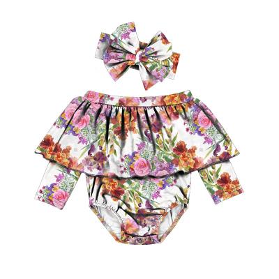 China Hot Selling Spandex/Polyester LT-008-HXG Stylish Off Shoulder Ruffle Spring Autumn Floral Rompers Baby Infant Wide Leg Rompers For Girls for sale