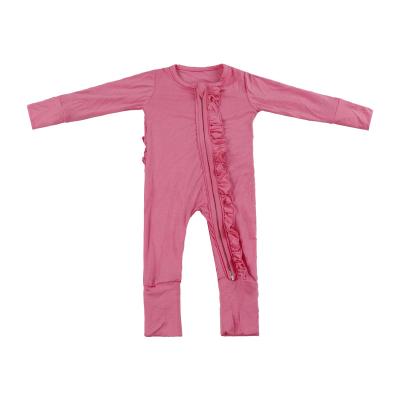 China LT-565-YXL High Quality Bamboo Fiber Spandex/Baby Wear Zipper Ruffles Mitten Hands Footie Romper Bamboo Pink Squishy Rompers for sale