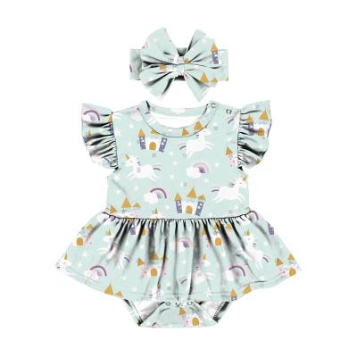 China Spandex/polyester LT-469-YXW baby kids clothing boutique girls kids summer romper wholesale custom printed babies have ruffle romper jumpsuit for sale