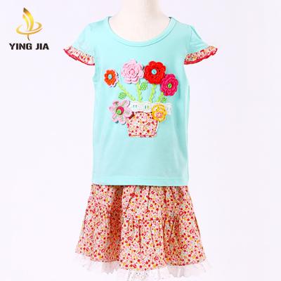 China Short Sleeve Summer Clothing Boutique Kids Clothes Outfits Knitted Cotton Girls Dressing Sets for sale