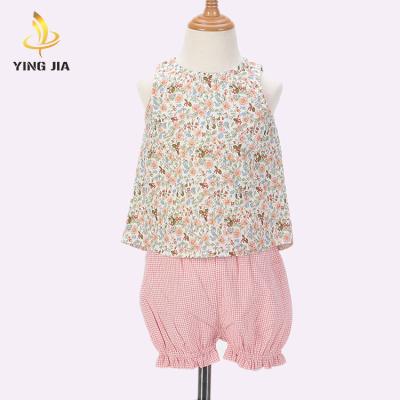 China Sleeveless Baby Clothes Sets Girls Boutique Clothing Pink Cotton Floral Kids 2pcs Dressing Sets for sale