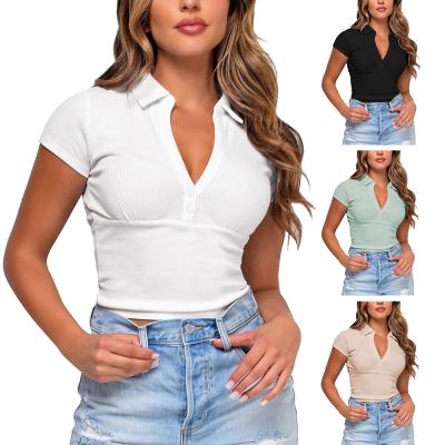 China Fashionable Full Rib Turndown Collar Breathable Wholesale V-Neck Sleeve White Women's Short T-Shirt for sale