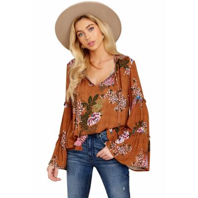 China Breathable Classic Bohemian Bell Long Sleeve Floral Print Tops Style Blouses Women for sale