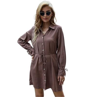 China Breathable Ladies Button Down Tie Waist Mini Dresses Long Sleeve T-Shirt Dress Women Casual for sale