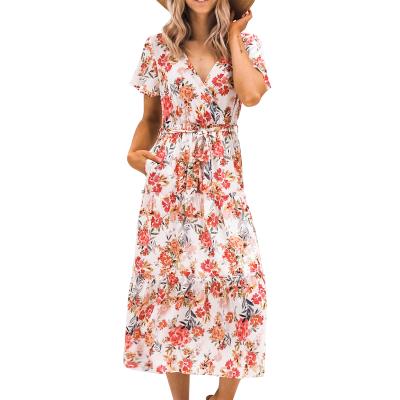 China Latest Design Anti-wrinkle Chain V-Neck Summer Floral Midi Dresses Casual Short Sleeve Women for sale