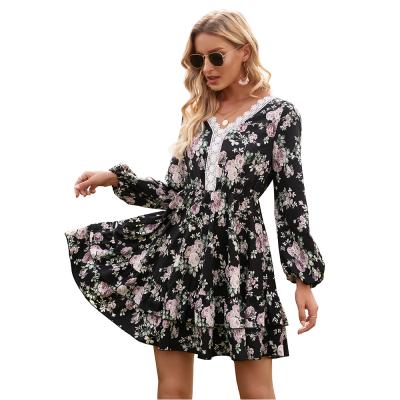 China New Collection Fashionable Anti-wrinkle Long Sleeve Flower Lace Neck Floral Dresses For Ladies for sale