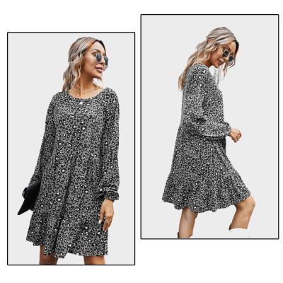 China Breathable Summer Leopard Print Ruffled Edge Long Sleeve Solid Color Plus Size Women Casual Dress for sale