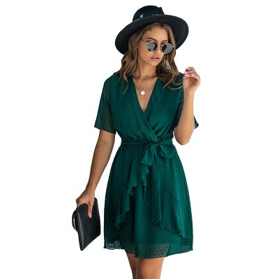 China Breathable Ruffle Edge Midi Dresses Women Summer Elegant V-neck Midi Casual Dress for sale