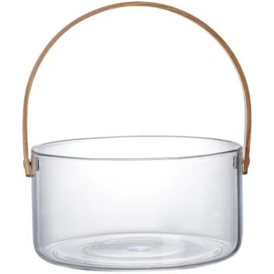 China Sustainable Big Size Hot Sale Borosilicate Glass Fruit Plate with Bamboo Wooden Handle Storage Basket Transparent Glass for sale