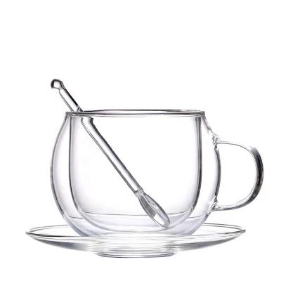 China Sustainable YOYO Popular Borosilicate Glass Cups Resistant Heat Mugs Double Wall Coffee Glass Tea Cups with Handle Saucer Spoon for sale