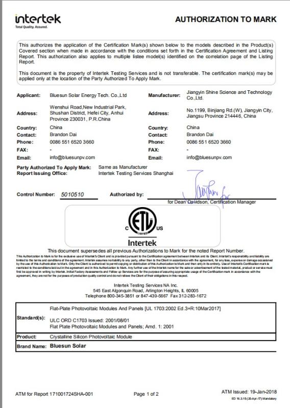 ETL - Bluesun Solar Co., Ltd.