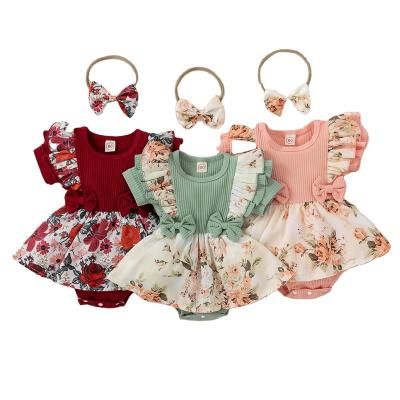 China 2022 New Children's Clothing Girls 95% Cotton Lace Up Floral Print Funky Edge Bow Skirt Bag Fart Short Sleeve Romper for sale